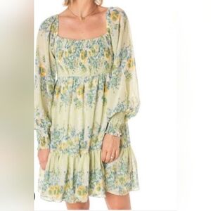 Taylor Tea Green Floral Smocked Long Sleeve Mini Dress Size 2